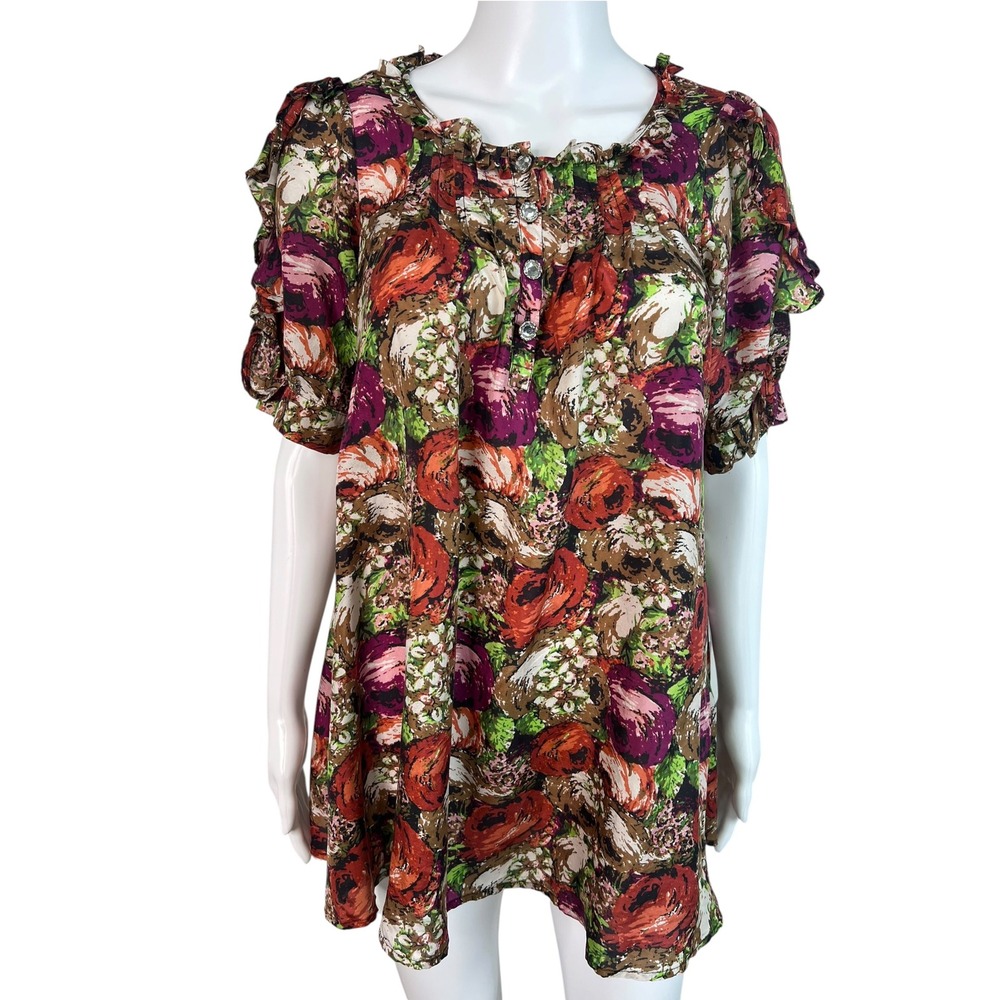 Twelve by Twelve LA Womens X Small Blouse Top Silk Floral Ruffle Retro Y2K 90's
